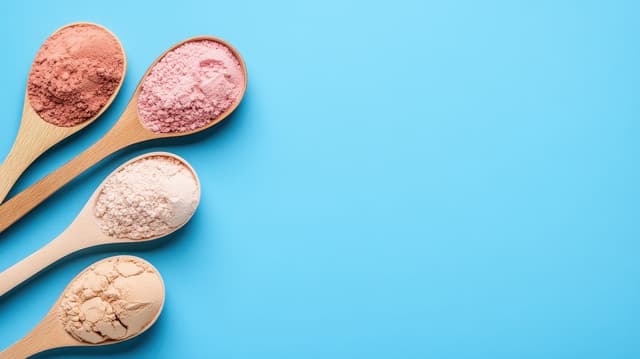 plant protein powders on wooden spoons on blue background